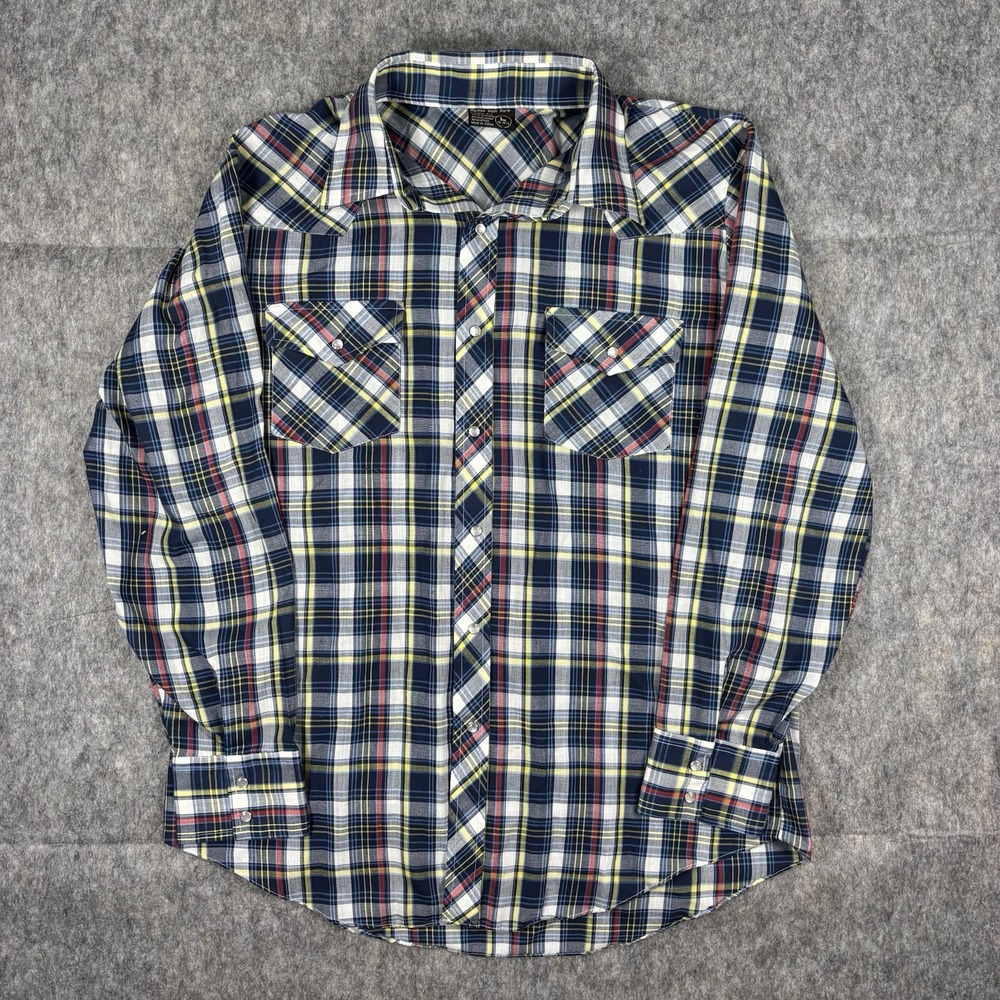 True Vintage JC Penny Pearl Snap Shirt Men's Large Plaid Western Long Sleeve 70s